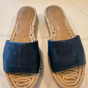 Lauren Ralph Lauren Navy Leather RL Logo Espadrille Slides